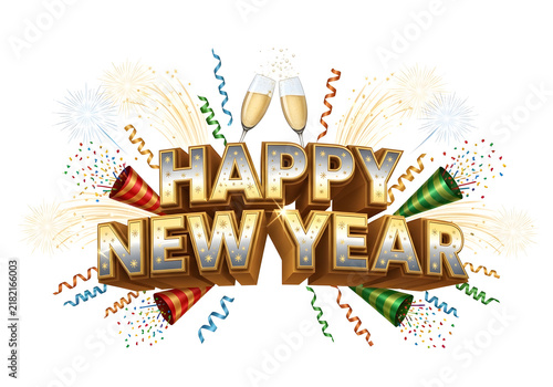 Happy New Year celebration text with champagne glasses and colorful confetti