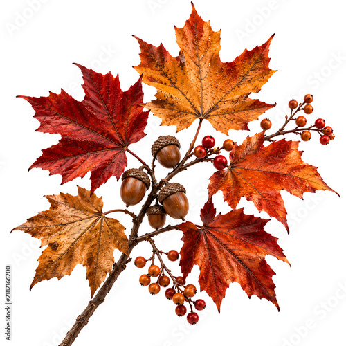 Autumn branch with vibrant maple leaves acorns and red berries isolated on a white background seasonal fall foliage