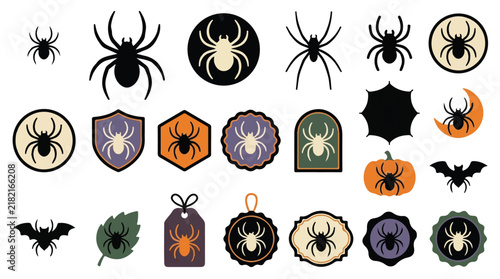 Halloween spider icon set, spooky arachnid vector collection, creepy insect badges for autumn party decor, 23 graphic elements isolated PNG with Transparent Background Halloween  Editable EPS
