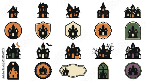 Haunted house silhouette collection, 20 spooky Halloween mansion icons, creepy gothic building vector set for holiday design isolated PNG with Transparent Background Halloween  Editable EPS