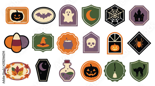 Vintage Halloween badge collection, 18 spooky vector icons in muted retro colors, autumn holiday sticker set with pumpkins and ghosts isolated PNG with Transparent Background Halloween  Editable
