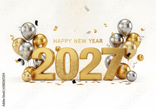 Golden 2027 Happy New Year celebration with metallic balloons, confetti, and festive sparkles on white background