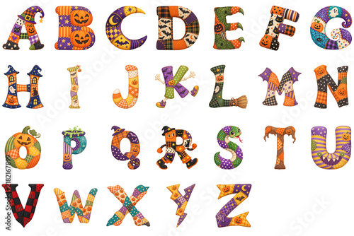 Alphabet letters adorned with Halloween-themed patchwork patterns, including pumpkins, witches' hats, ghosts, and bats, create a whimsical and festive display for educational or decorative purposes.