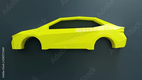 Yellow low poly car silhouette rotating against a dark background for automotive design concept