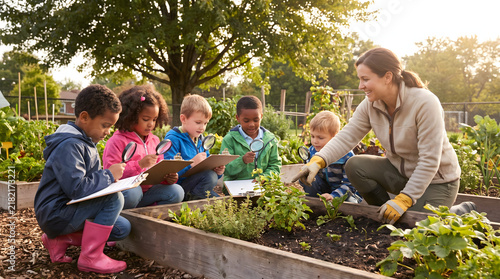 Diverse young children learn about plants with their teacher in a sunny outdoor community garden using magnifying glasses and clipboards for hands-on environmental education and discovery