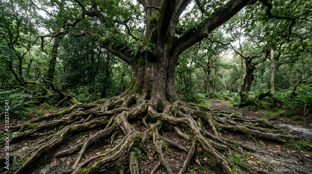 Fototapeta premium Ancient Majestic Oak Tree with Sprawling Exposed Roots in a Lush Forest.