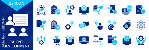 talent development icon set collection. icon set contain training, communication, standard, upskill, control. editable glyph dual color icons. vector illustration