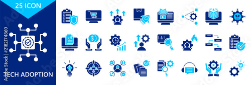 tech adoption icon set collection. icon set contain digital, protocol, online store, upgrade, product launch. editable glyph dual color icons. vector illustration