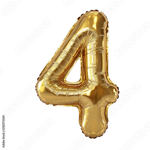 The image features a large, metallic gold foil balloon shaped like the number four