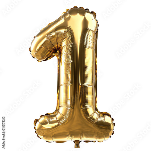 A large, shiny, gold colored balloon shaped like the number one stands upright against a plain white background