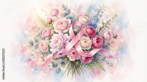 A watercolor illustration features a bouquet of flowers pink roses with with the breast cancer awareness symbol is draped across the flowers