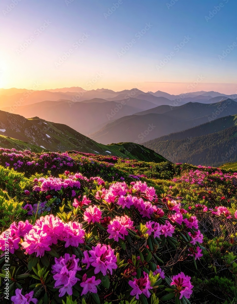 Obraz premium Vibrant pink rhododendron flowers bloom on a mountainside at sunrise.