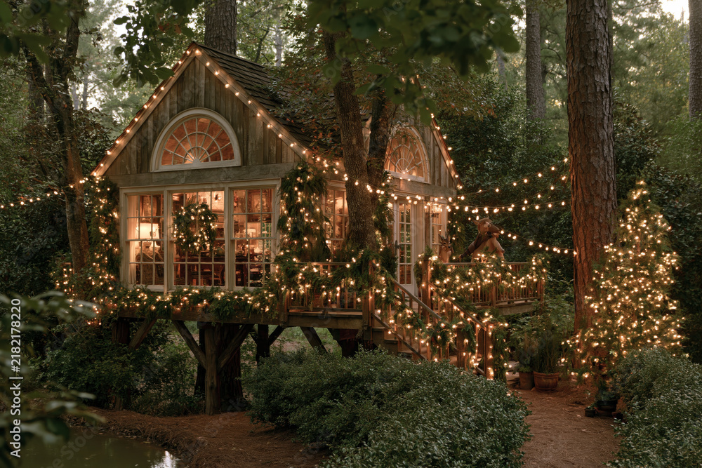 Fototapeta premium Christmas hideaway forest dwelling with lights and greenery