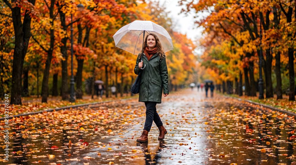 Obraz premium Young woman strolls with a clear umbrella on a wet autumn park path adorned with vibrant orange and yellow fallen leaves after a refreshing rain creating a beautiful reflective surface and
