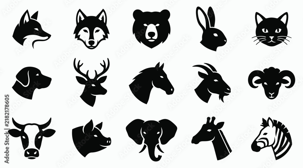 Fototapeta premium A comprehensive vector illustration set featuring various animal head silhouettes for creative design projects and graphic icons