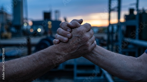 Close up of industrial workers' interlocking hands in a supportive grasp at sunset, symbolizing teamwork, manual labor partnership, and professional reliability in the energy sector.