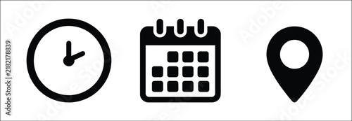 Time date and location vector icon set, calendar watch and map marker symbols for invitations, events, appointments and venue information