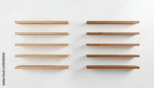 Realistic empty wooden store shelves set. Product shelf with wood texture. Grocery wall rack