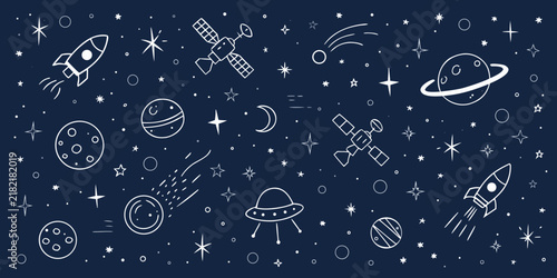 фотографія Whimsical space doodles depict planets rockets and satellites on a dark backgrou