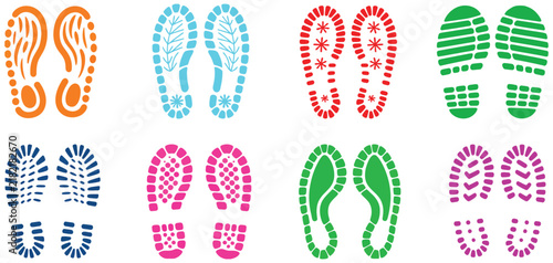 Obraz na płótnie Human Footprint And Shoe Sole Imprint Collection Featuring Colorful Bare Feet, Dark Shoes, Walking Patterns, Locomotion Tracks And Movement Traces