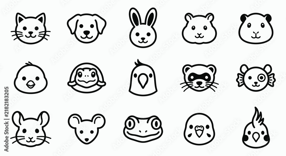 Obraz premium Vector illustration set featuring cute pet animal faces in a simple black and white line art style