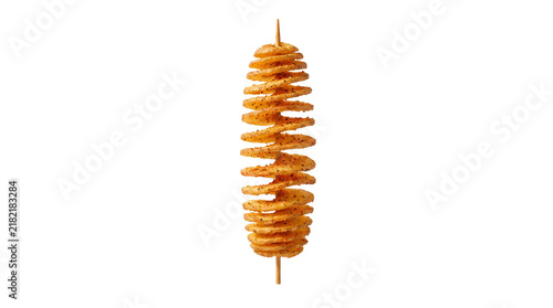 Фотография Spiral tornado potato on wooden skewer, golden fried twisted potato chip, crispy