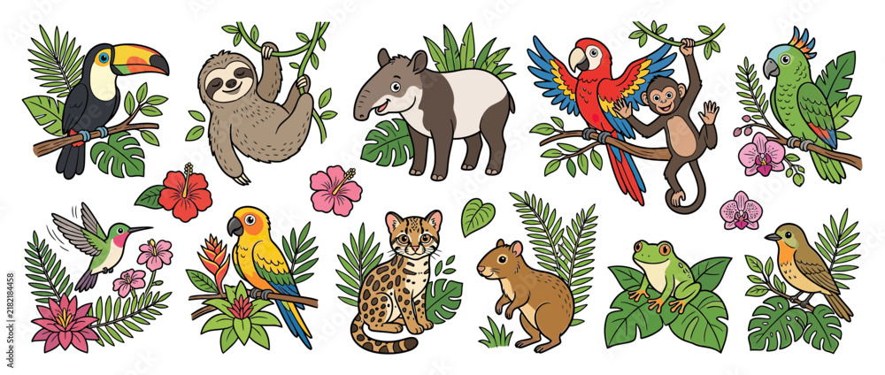 Obraz premium Cute Jungle Animals and Tropical Plants Collection