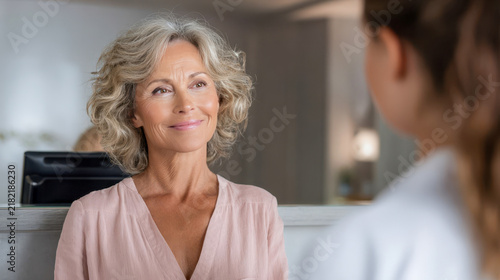 Mammogram appointment check-in at a clinic with a woman speaking to the staff member