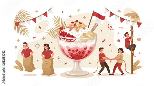 Indonesian Independence Day games around a giant traditional dessert.