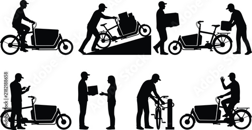 Foto Silhouette icons of the cargo bicycle delivery process, including loading, trans