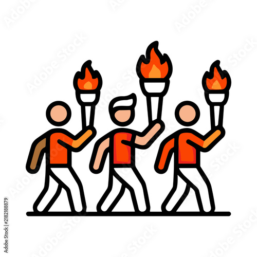 Cuadro en lienzo Group of three pixelated figures holding flaming torches aloft in procession