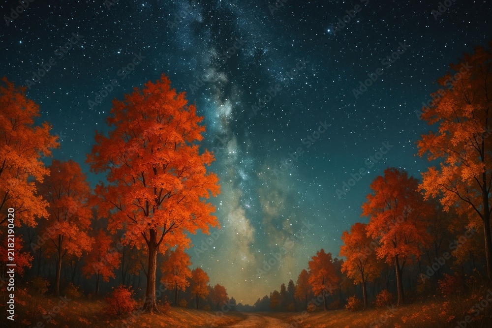 Obraz premium Starry autumn forest nightscape background