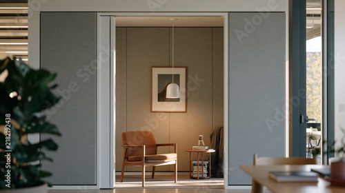Fototapeta kuchenna Wide view of a corporate wellness sensory room installed in an open-plan office building, with acoustic dampening panels and a weighted blanket station designed as autism