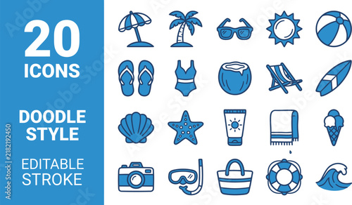 A collection of twenty summer beach themed doodle style icons with editable strokes for creative design projects