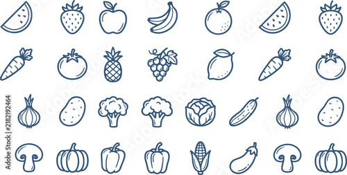 Set of hand drawn doodle icons featuring various fresh fruits and vegetables on a clean white background