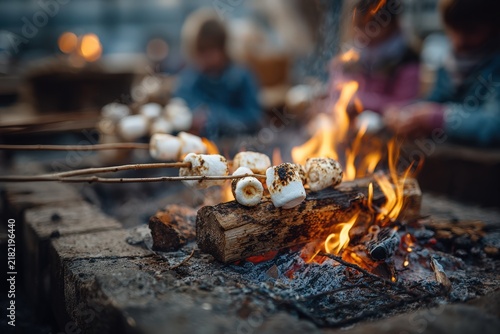 Children roasting marshmallows on sticks over an open fire in a stone fire pit, with blurred figures and warm glow of flames in the background