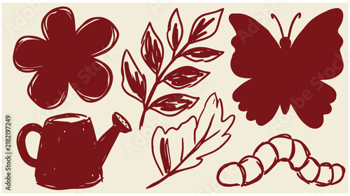 Red crayon sketch garden elements including watering can flower butterfly caterpillar with hand drawn wax crayon cute bug elements butterfly caterpillar illustration gardening