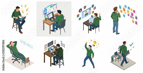 Freelance Developer and Graphic Designer Isometric Character Set Illustrating Remote Work Workflow and Project Management