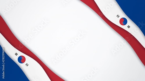 Patriotic abstract background inspired by the South Korea flag: flowing ribbon paper cut layers in red, white and blue with balanced 30 40 30 ribbon volumes, a red and blue Taegeuk symbol locked onto 