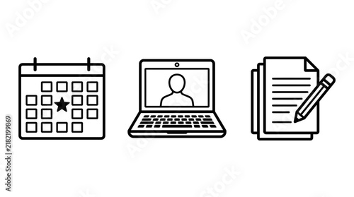 Minimal line vector icons of calendar planner laptop video conference and document with pencil