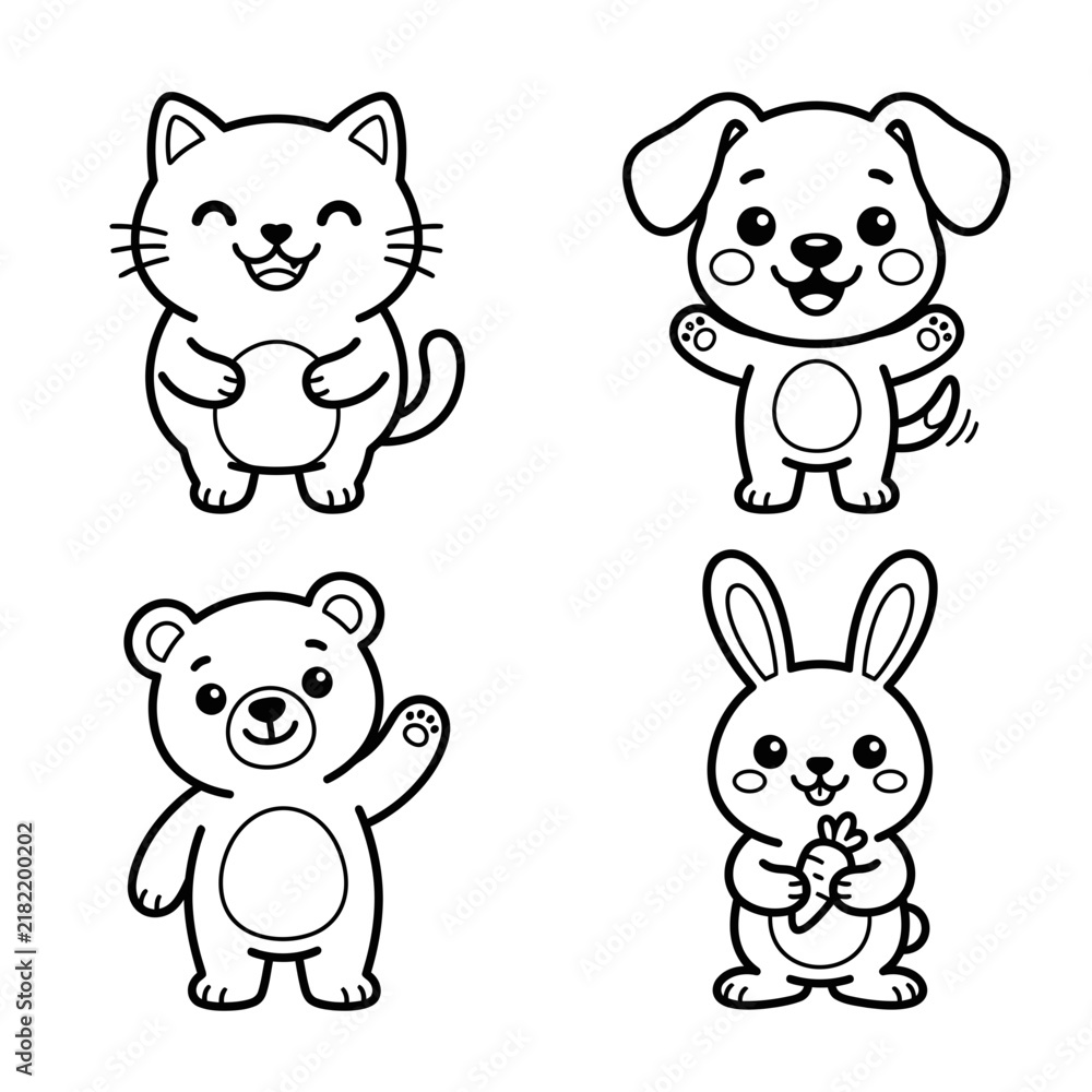 Fototapeta premium Vector cartoon cute animal characters set with happy cat dog bear and rabbit line art for kids coloring book