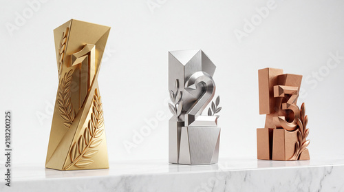 Set of three modern geometric trophies in gold, silver, and bronze representing first, second, and third place awards on a white marble surface