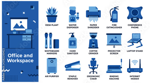 Modern Set of 15 Blue Professional Office and Workspace Management Icons for Corporate Stationery