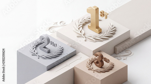 Modern 3D illustration of a sleek success podium, featuring gold, silver, and bronze positions, symbolizing competitive achievement, ultimate triumph, and excellence in ranking