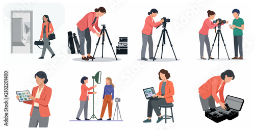 Professional Photography Workflow Vector Set with Photographers Using Cameras, Lighting, and Editing Equipment