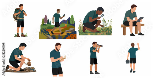 Flat vector illustration set of male researchers and scientists performing field work, data collection, and environmental exploration in nature.