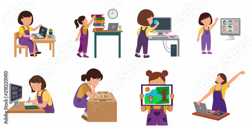 Cute Girl Character Set for Education and E-Learning Concepts featuring Laptop Books and Studying Activities