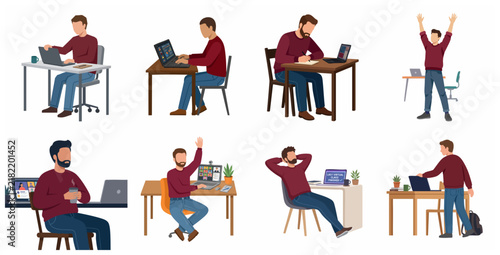 Collection of flat vector illustrations showing a man working and studying remotely from a home office with a laptop and coffee.