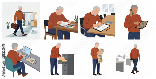 Set of Senior Professional Businessman Character Illustrations in Daily Office Work Activities