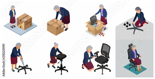 Isometric set of a senior woman assembling an ergonomic office chair, showing the step by step process from unboxing to finished furniture.